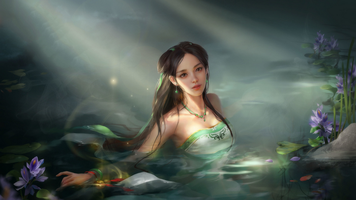 Woman in Water with Flowers