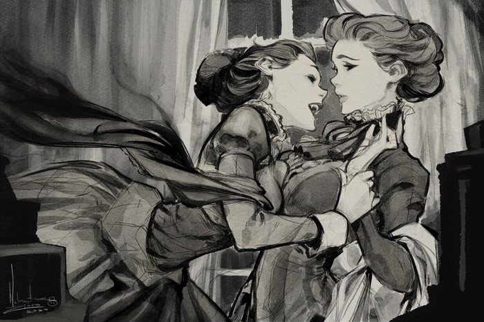Two women in Victorian attire, one with fangs