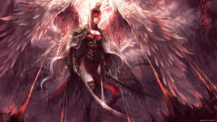 Fantasy angel warrior with red hair and wings