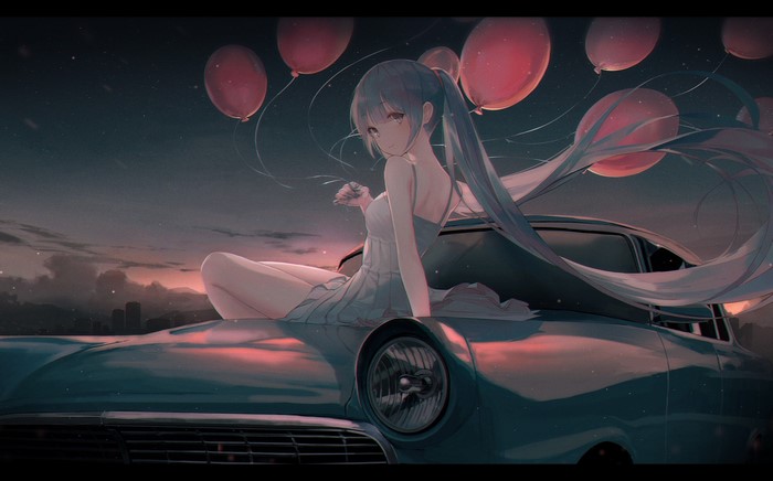 Anime girl with balloons on a car at sunset