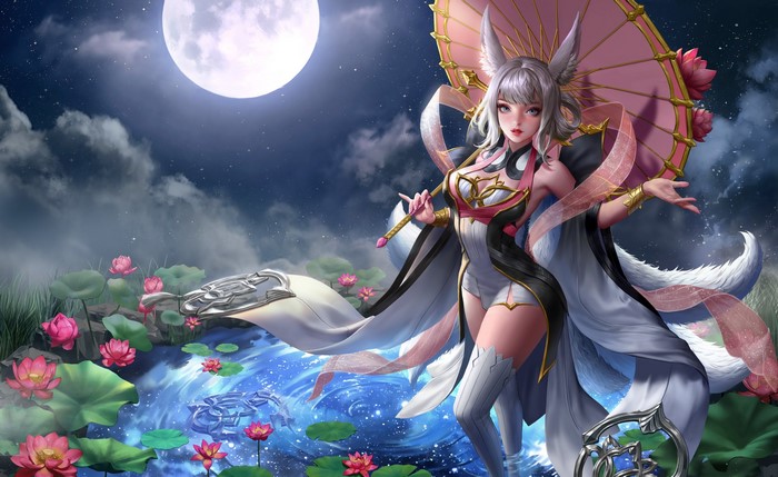 Woman with fox ears holding an umbrella by a pond