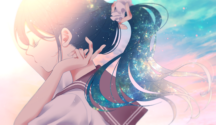 Anime girl with blue hair in a school uniform against a starry sky