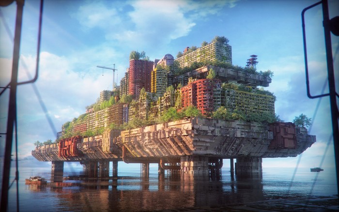 Abandoned city built on an oil rig in the sea