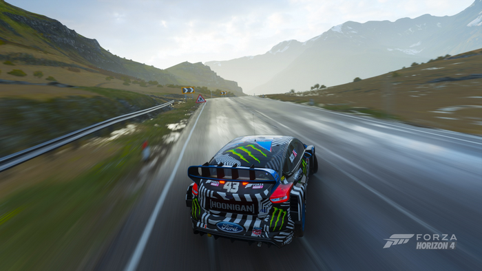 Ford Hoonigan Focus RS from Forza Horizon 4 on a mountain road