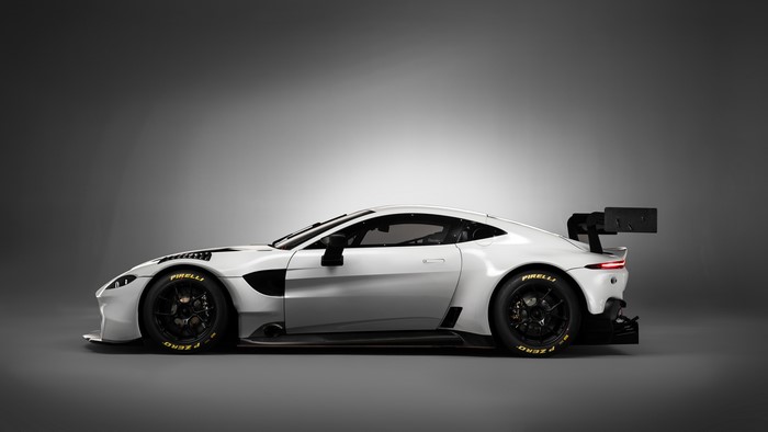 White Aston Martin GT3 race car with large rear wing
