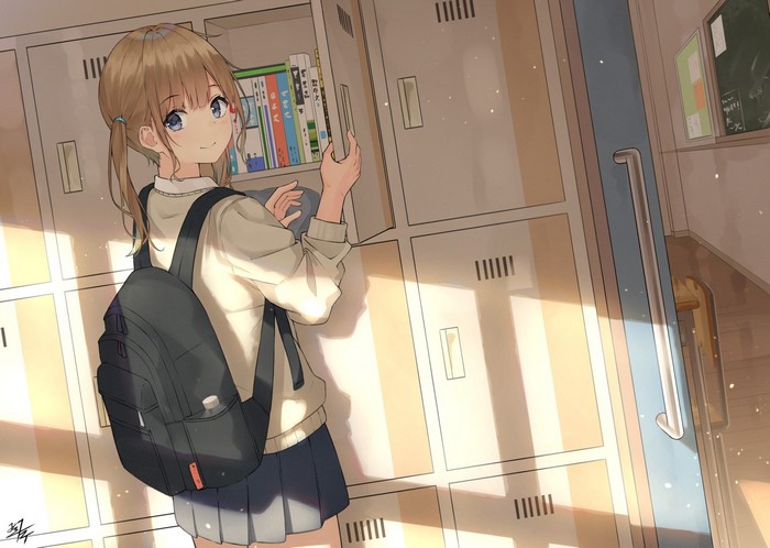 Anime schoolgirl with backpack by lockers