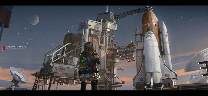 Anime girl at space shuttle launchpad with planet in sky