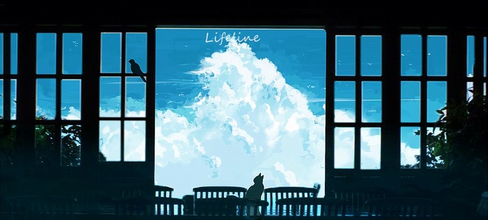Lifeline: Cat and bird looking at clouds through a window