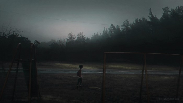 Creepy misty playground with a lone child