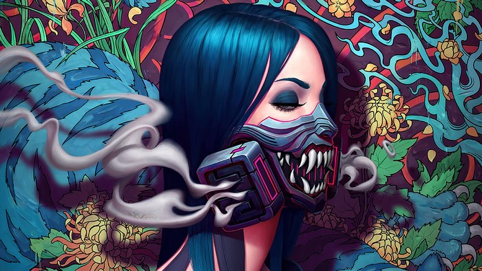 Woman with blue hair wearing a gas mask with fangs