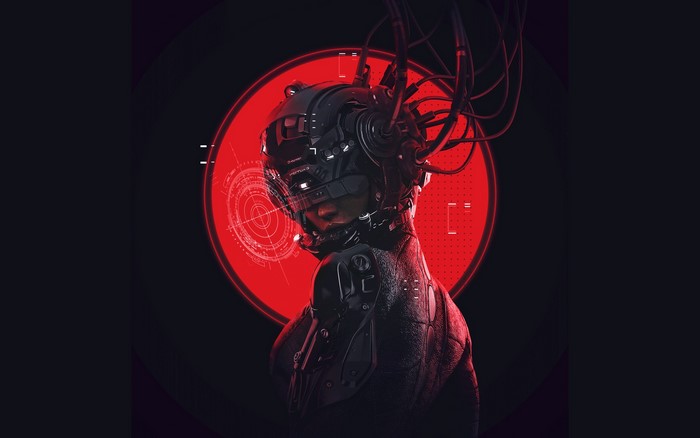 Cyberpunk character with futuristic helmet and wires