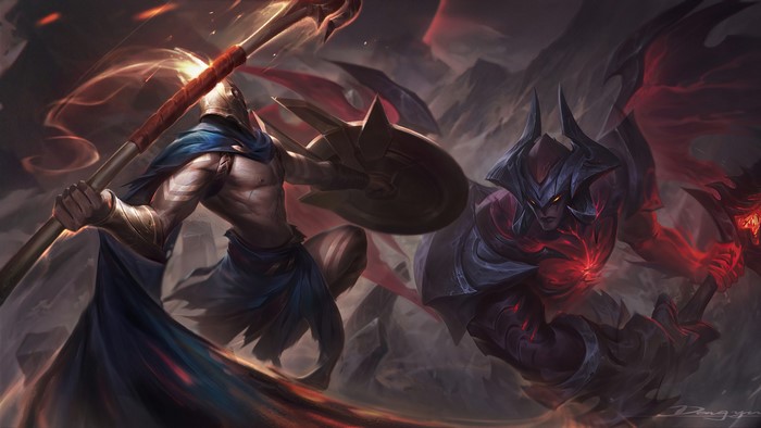 Pantheon and Aatrox from League of Legends in battle