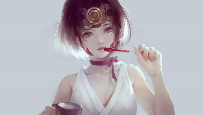 Mumei from Koutetsujou no Kabaneri brushing teeth