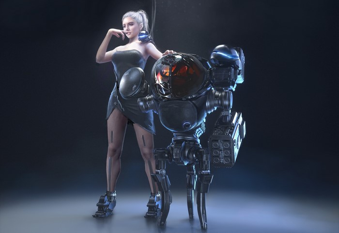 Woman with a robot in science fiction artwork