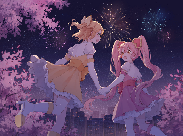 Two anime girls holding hands watching fireworks