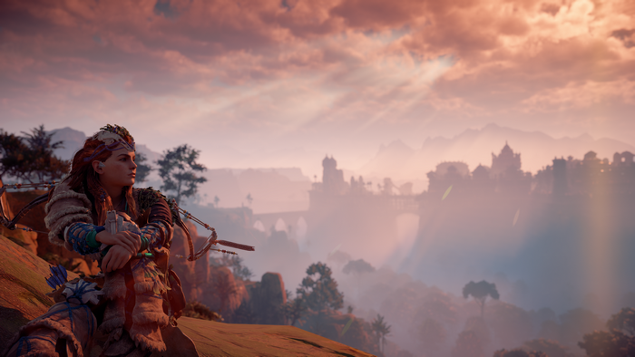 Aloy from Horizon: Zero Dawn in a misty landscape
