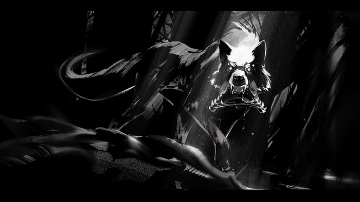 Monochrome fantasy art of a creature in a forest
