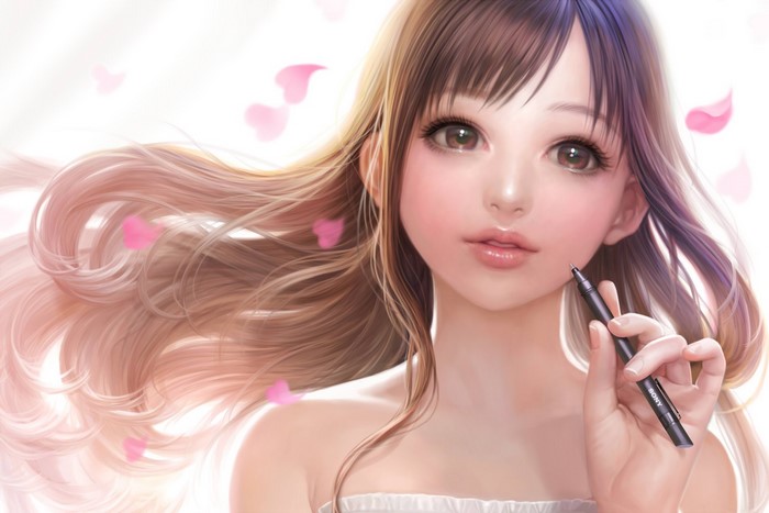 Digital art of a girl with long hair holding a pen