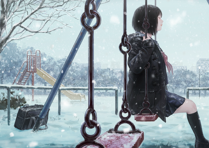 Anime girl in school uniform on a swing in the snow