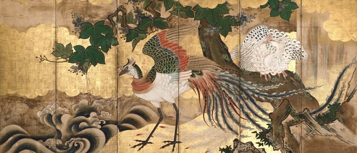 Folding screen with two peacocks and waves