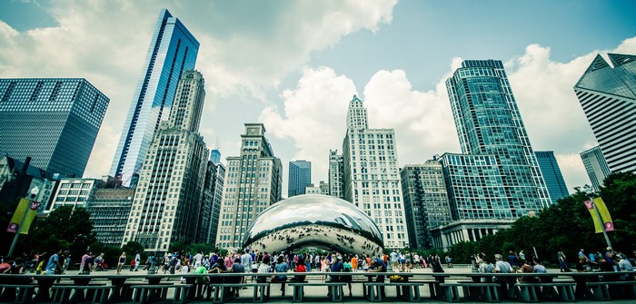 Cloudy Sky Over Chicago Skyline and Cloud Gate Sculpture