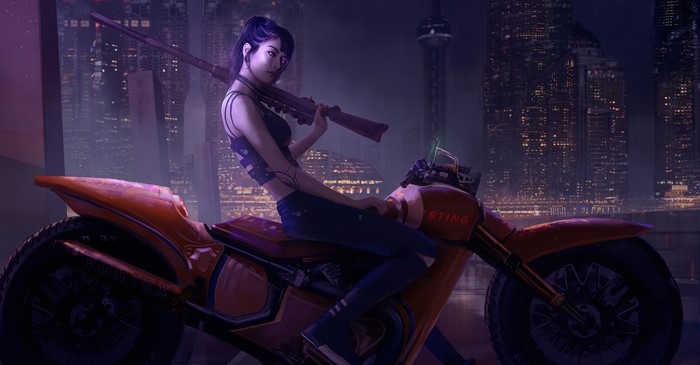 Cyberpunk woman with rifle on motorcycle in city