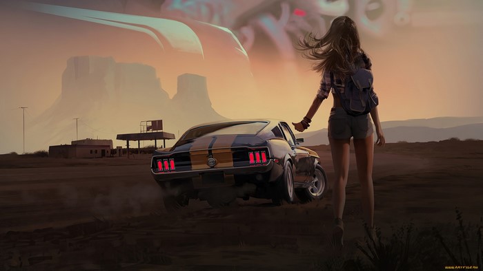 Woman with classic car at desert gas station