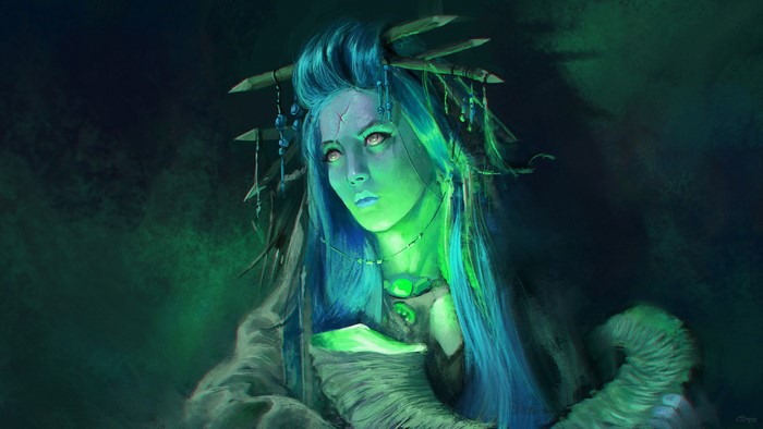 Fantasy artwork of a woman with blue hair and green glow