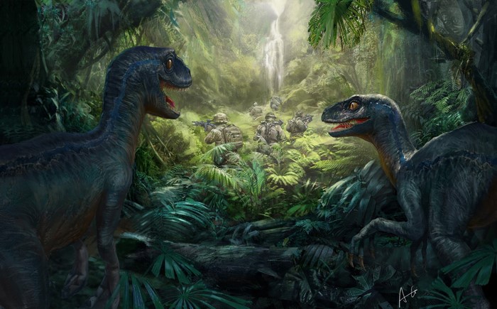 Velociraptors confront soldiers in a jungle with a waterfall