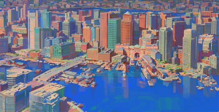 Artwork of a colorful cityscape with a harbor