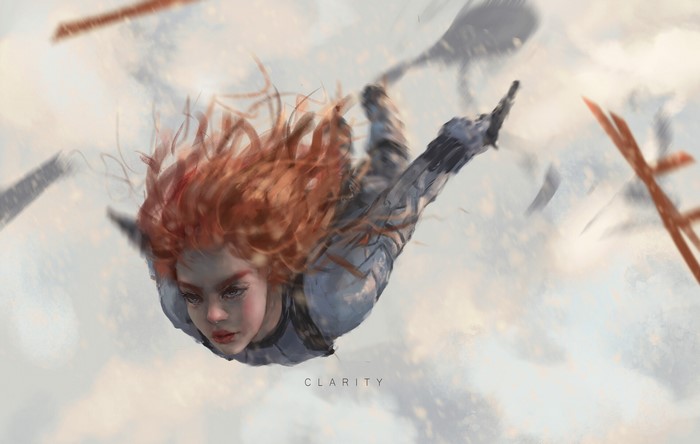 Artwork of a redhead woman falling through the sky