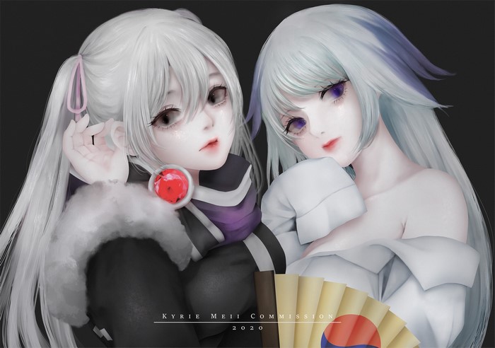 Two anime girls with white hair, one in black and purple, the other in white