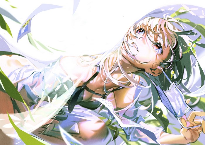 Anime girl with white hair and red eyes among plants