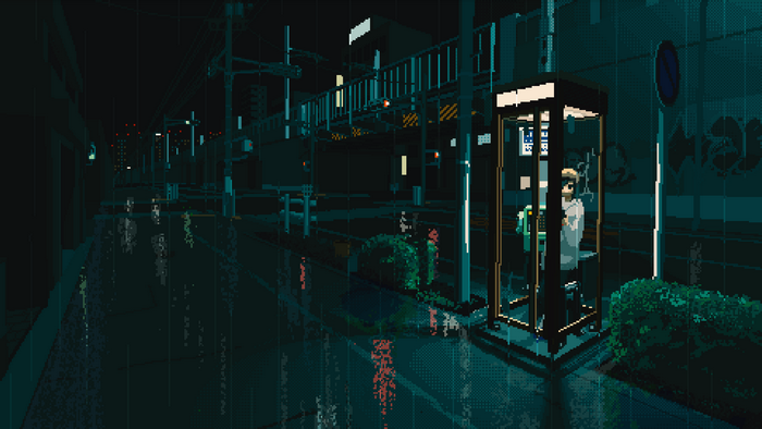 Pixel Art Night Street with Rain and Phone Box