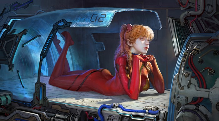 Asuka Langley Soryu from Neon Genesis Evangelion in a futuristic pod