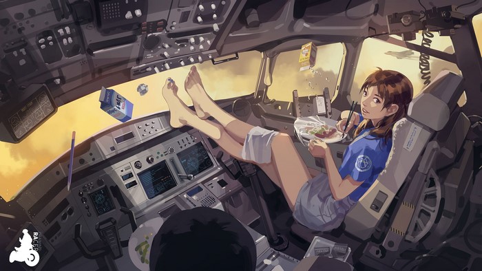 Girl eating in a spaceship cockpit