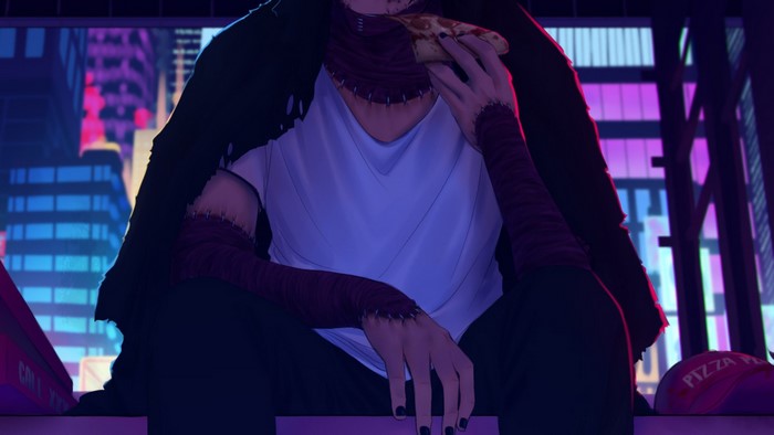 Dabi from Boku no Hero Academia eating pizza