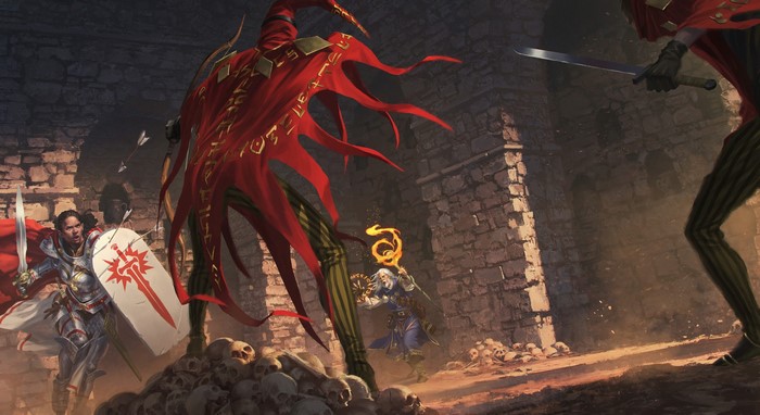 Fantasy Battle in a Dungeon with Skulls