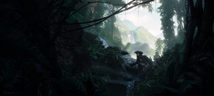 Pirates in a jungle with waterfalls and mountains