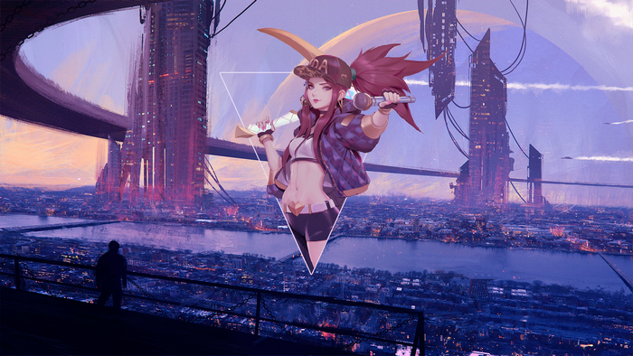 Akali from League of Legends in a futuristic cityscape