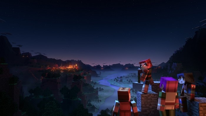 Minecraft Dungeons characters overlooking a valley at night