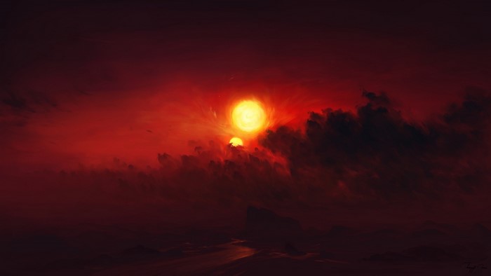 Digital art of a double sunset over a desert landscape
