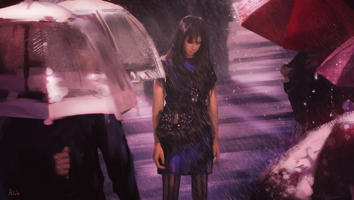 Woman standing alone in the rain under umbrellas