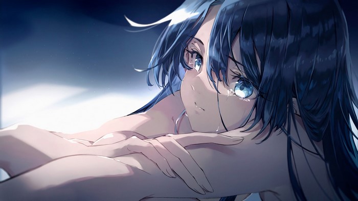 Anime girl with blue eyes and blue hair crying