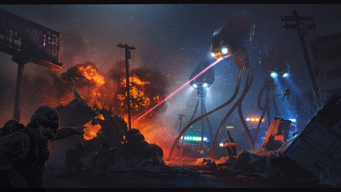 War of the Worlds tripods attacking a city with soldiers