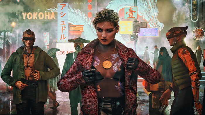 Cyberpunk street scene with diverse characters
