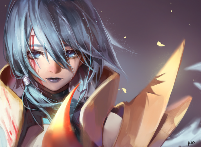Riven from League of Legends with blue hair and tears