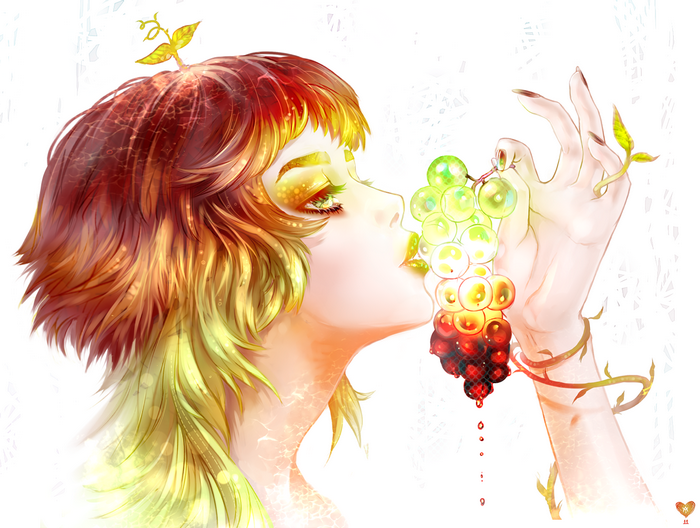 Woman with plant-like hair eating grapes