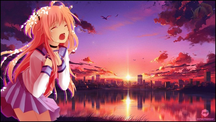 Anime girl with pink hair crying at sunset over city
