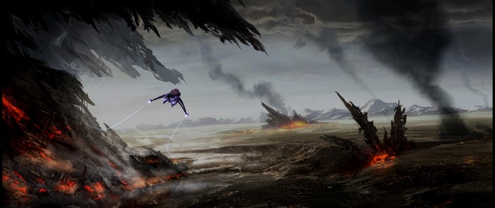 Halo 3 concept art of a Covenant ship in a war-torn landscape